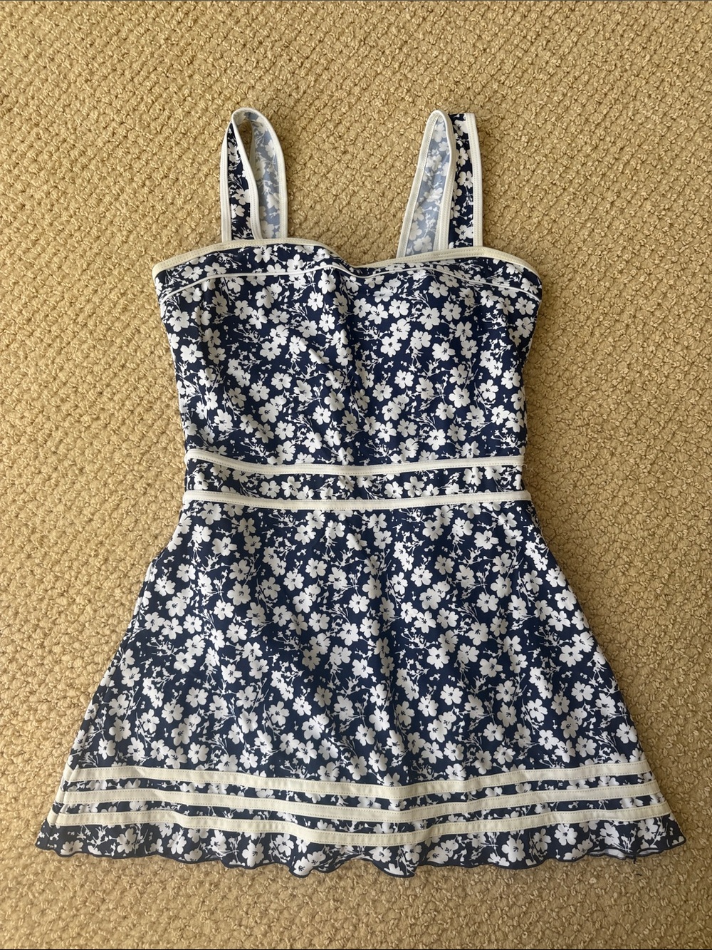 Shore Shapes Swimwear Navy Floral Swimdress with White Trim size 10